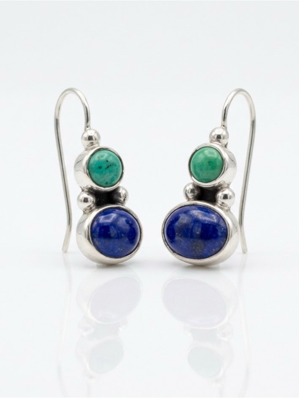 Vintage SU Mexico 925 Sterling Silver Lapis Turquoise Asymmetric Earrings
